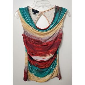 BCX Cowl Neck Y2K 90s Sleeveless Top Colorful Lace Open Back Back Medium Vintage